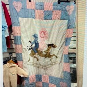 VTG Quilt Baby Blanket Girl Riding Horse Pink Blue Gingham Heart Applique as is
